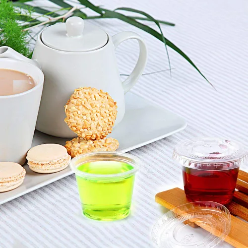 Vista 5 de TashiBox 100 juegos de vasos desechables de plástico con tapas, porción de soufflé, aderezo para ensalada de salsa, tazas de condimentos, paquete
