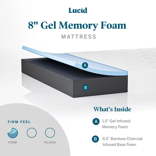 Vista 3 de LUCID - Colchón individual XL de 8 pulgadas y base de cama ajustable L150. Colchón de espuma viscoelástica de gel firme. Carbón de bambú.