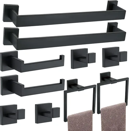 Vista 15 de Juego de 5 piezas de accesorios de ferretería para baño en negro mate, juego de toalleros cuadrados de 16 pulgadas para baño, juego de barras
