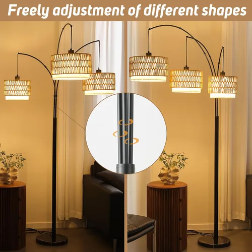 Vista 7 de Lámpara de pie de ratán para sala de estar, lámpara de pie boho de 80 pulgadas de altura con interruptor giratorio, lámpara de arco de 3 luces