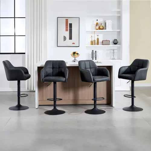 Vista 14 de Moderno juego de 2 taburetes de bar giratorios de piel sintética con apoyabrazos, silla de bar ajustable tapizada con base de metal reposapiés