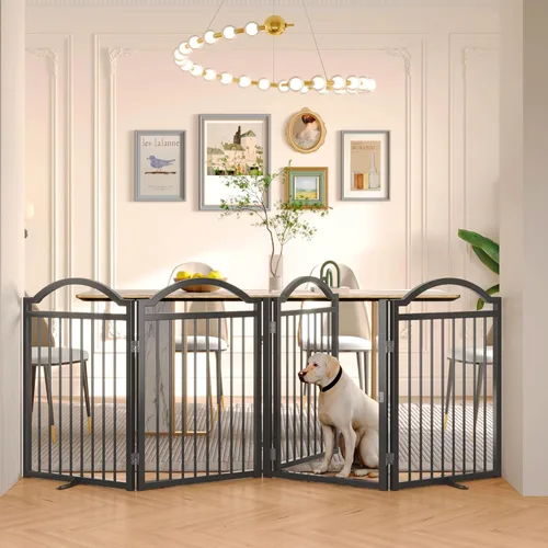 Vista 19 de BHG Puerta independiente de metal para perros sin ensamblaje con puerta a través, extra ancha de 80 pulgadas, puerta extra alta para mascotas de 30