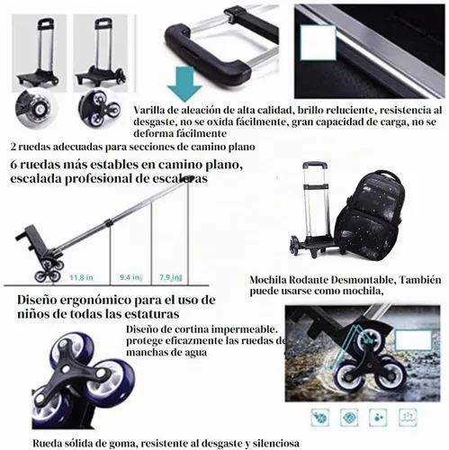 Vista 3 de VIDOSCLA Elementary Galaxy - Mochila con ruedas para adolescentes, mochila con ruedas para la escuela, Negro Azul-3pcs 6 Ruedas, 6 ruedas 3 piezas