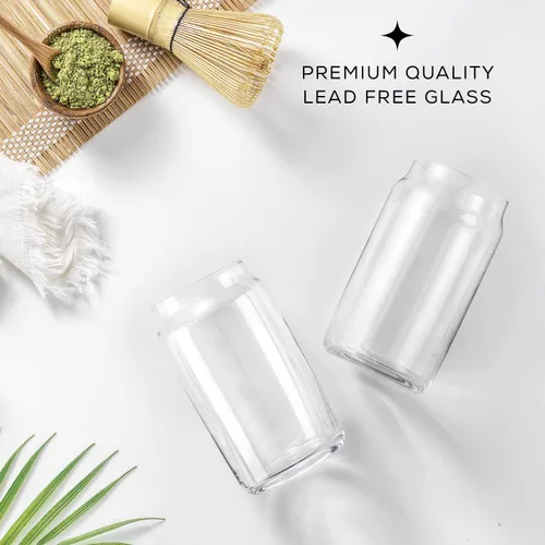 Vista 3 de JoyJolt Juego de vasos de vidrio para beber de 6 a 16 onzas. Vasos de vidrio con forma de lata de soda transparente, lindos vasos de taza de café