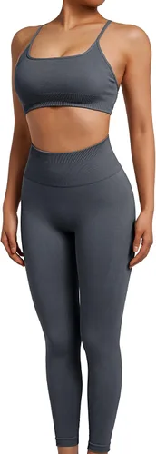 Vista 2 de SUUKSESS Conjuntos de entrenamiento sin costuras para mujer, sujetador deportivo con tiras y cintura alta, pantalones cortos