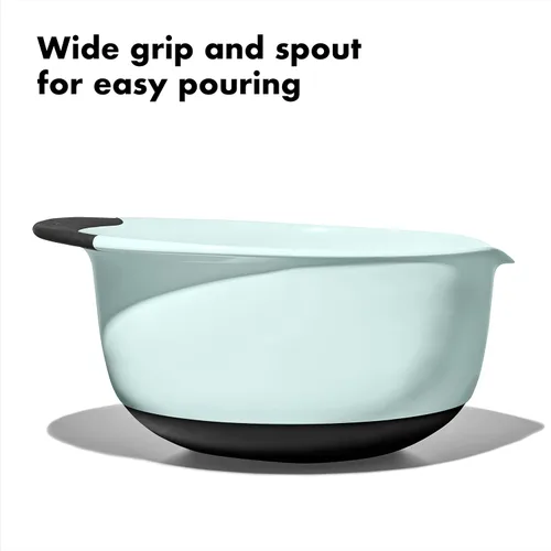 Vista 4 de OXO Good Grips Juego de 3 Cuencos de Plástico para Mezclar de 3 Piezas - Azul Cadete, Gris Torre, Jade, Pequeño, Mediano, Grande