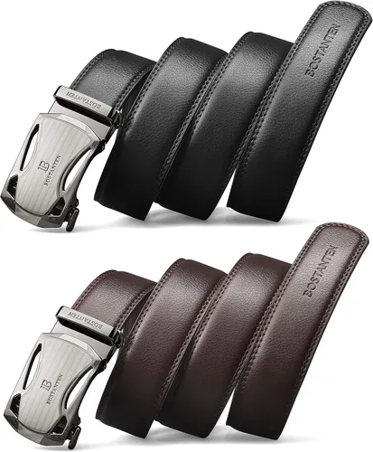 Vista 6 de BOSTANTEN Cinturones de vestir de trinquete para hombre, 2 paquetes, cinturones de cuero genuino para hombres con litera deslizante de clic, recorte