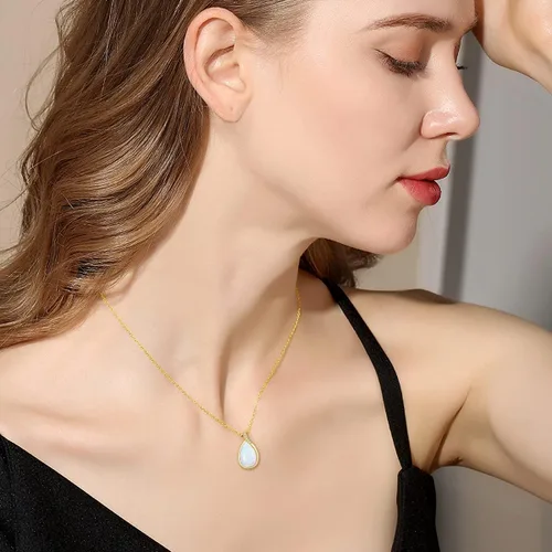 Vista 5 de YDD Collar de ópalo blanco de oro macizo de 14 quilates para mujer, delicado colgante de lágrima con ópalo con diamante genuino, piedra natal