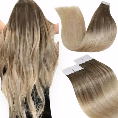 Vista 33 de LaaVoo Extensiones adhesivas de cabello humano real, color negro azabache, extensiones de cabello humano liso y sedoso, 10 pulgadas, 20