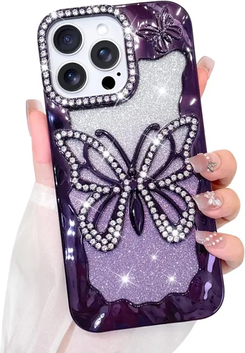 Vista 12 de Bonoma Funda con purpurina para iPhone 13 Pro Max, bonita funda 3D con patrón de chapado en degradado de mariposa de diamante, protección de cámara