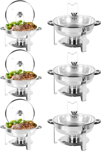 Vista 17 de IMACONE Juego de Bandejas Calentadoras de Buffet 4 Piezas, 5QT Redondas de Acero Inoxidable con Tapa de Vidrio para Catering, Conjuntos