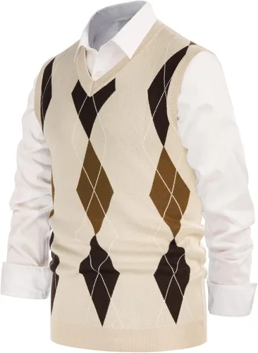 Vista 2 de PJ PAUL JONES Chaleco de punto de rombos suave para hombre, ajuste delgado, cuello en V, chaleco de punto