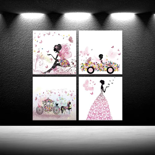 Vista 2 de iKNOW FOTO 4 piezas de lienzo rosa para pared, diseño de hadas y mariposas voladoras, estirado y enmarcado, listo para colgar, obras de arte giclée
