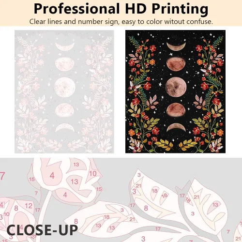 Vista 4 de TUMOVO Pintura por Números para Adultos Jardín con Luz de Luna Pintura por Números para Adultos Fase Lunar Rodeada de Enredaderas y Flores Negro Kit