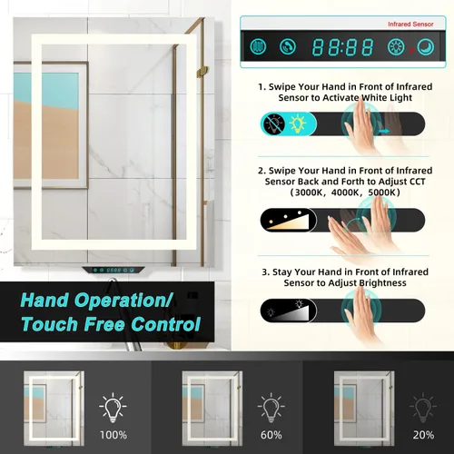 Vista 3 de Tech Drive Espejo de baño con luces LED, espejo de tocador de baño de 24 x 30 pulgadas con altavoces Bluetooth y llamada telefónica, control sin