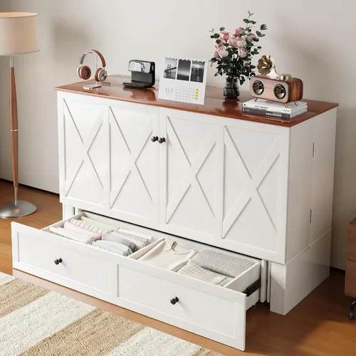 Vista 4 de PUREMIND Cama Murphy de tamaño completo con gabinete, marco de cama escondite multifuncional con cajones de almacenamiento, puertos de carga USB