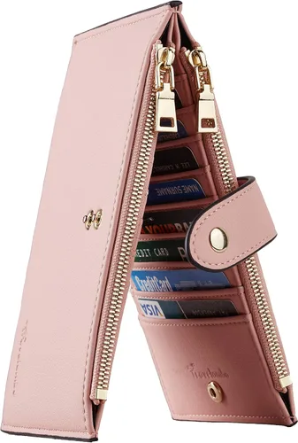 Vista 10 de Travelambo Billeteras de cuero para mujer, delgada, con bloqueo RFID, billetera plegable para tarjetas de crédito, Marrón beige