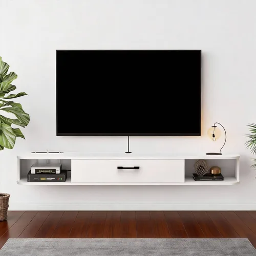 Vista 9 de Unidad de TV flotante, armario de TV montado en la pared de 47 pulgadas, estantes flotantes con puerta, centro de consola multimedia