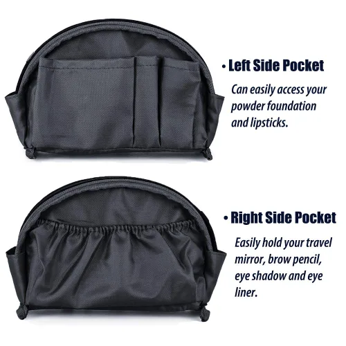 Vista 4 de Bolsa de cosméticos media luna Hekyip, neceser de maquillaje para viajes, neceser impermeable portátil para niñas y mujeres, pequeña (TODO NEGRO)