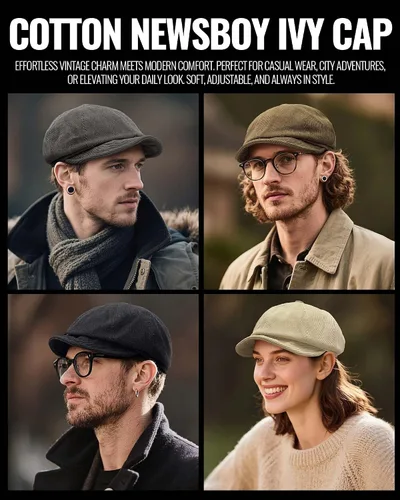 Vista 6 de Clakllie Gorra clásica de algodón con 8 paneles de Newsboy Gatsby, gorra plana de sarga vintage con diseño de peaky blinders, boina