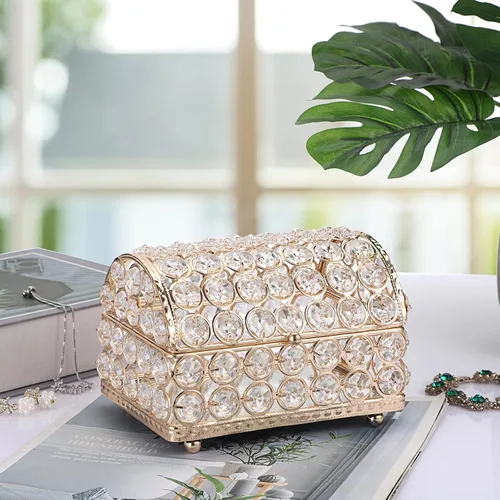 Vista 2 de Hipiwe Joyero de cristal grande dorado con tapa, organizador de joyas con espejo, caja de recuerdos, aretes, anillos, caja de joyería decorativa