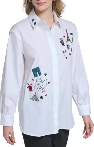 Vista 3 de Karl Lagerfeld Paris Blusa deportiva de manga larga con rayas de popelina para mujer