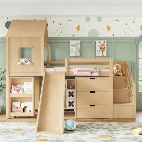 Vista 5 de SOFTSEA Cama tipo loft con tobogán, almacenamiento y escritorio para niños Natural