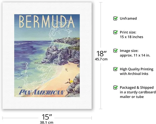 Vista 2 de Bermuda - via Pan American World Airways - Vintage Airline Travel Poster by Loweree c.1953 - Fine Art Rolled Canvas Print 11in x 14in