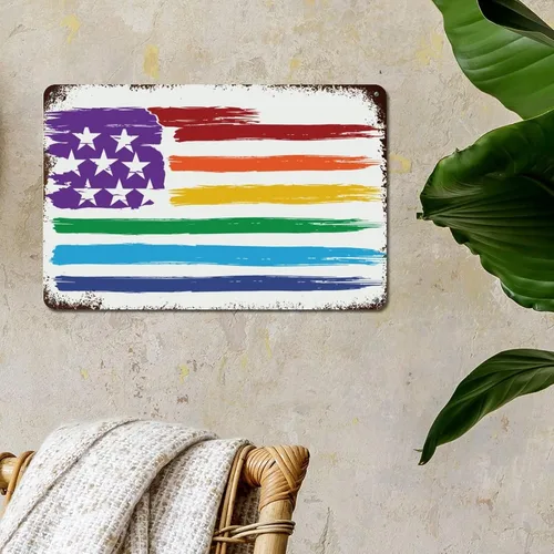 Vista 3 de Placa de pared con diseño de bandera de Estados Unidos, diseño retro vintage de arcoíris, letrero de metal LGBTQ, orgullo gay, regalo del mes