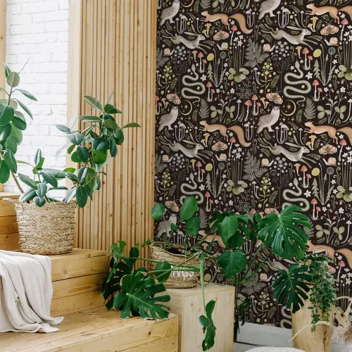 Vista 2 de Papel tapiz autoadhesivo para despegar y pegar con diseño de luna y estrellas del bosque de cuento de hadas, apto para inquilinos