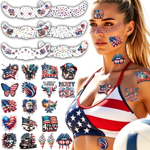 Vista 8 de 49 tatuajes patrióticos estadounidenses del 4 de julio, tatuajes temporales del Día de la Independencia, tatuajes temporales rojos, blancos