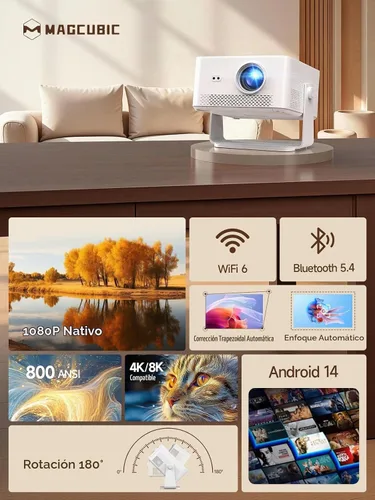 Vista 2 de [Android 14 y 800ANSI] Mini proyector Magcubic 4K 8K, compatible con proyector inteligente nativo 1080P con WiFi 6, Bluetooth 5.4, enfoque