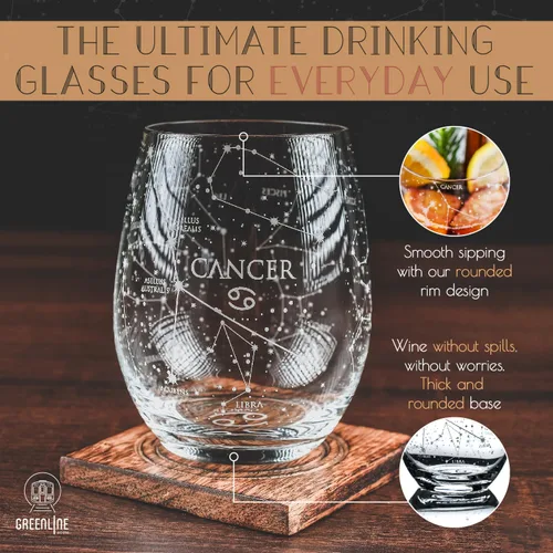 Vista 2 de Greenline Goods Juego de copas de vino sin tallo de cáncer del zodiaco grabado a mano, 15 onzas (juego de 2) - Cristalería con signo de astrología