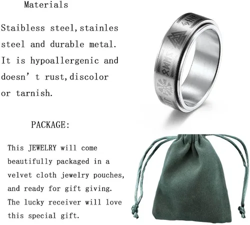 Vista 2 de Anillo vikingo de runa anti ansiedad anillos de texto nórdico joyería vikinga banda de promesa de boda para hombres y mujeres