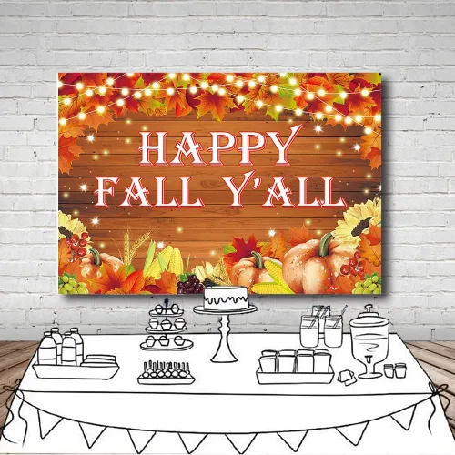 Vista 4 de MEHOFOND Cartel de fondo con texto en inglés "Happy Fall Y'all" de 7 x 5 pies, para otoño, cosecha de calabaza, fiesta de Acción de Gracias