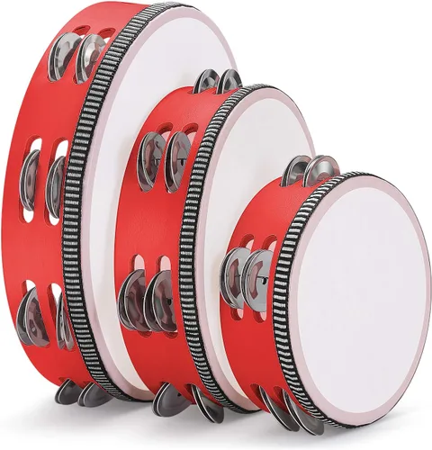 Vista 31 de Flexzion Pandereta de madera de mano para adultos de 6 pulgadas, doble fila de 8 pares de jingles (rojo) - Instrumento musical de pandereta redonda