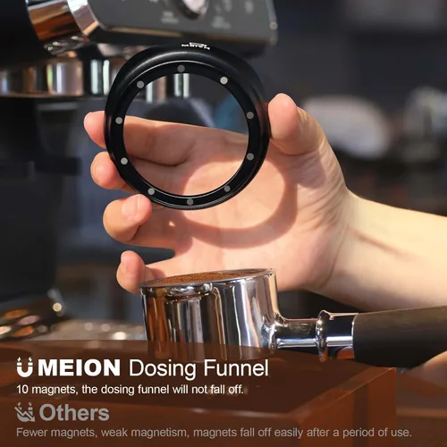 Vista 3 de MEION Juego de embudo dosificador de espresso y pantalla de disco, embudo magnético para café, pantalla de disco de espresso reutilizable