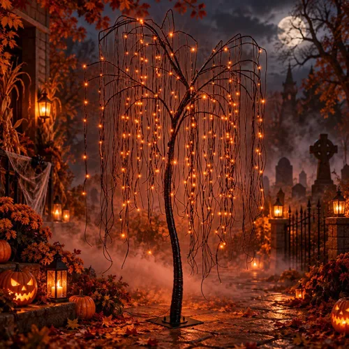Vista 7 de Árbol de sauce iluminado de Halloween de 7 pies, 256 luces LED naranjas, árbol de sauce artificial llorón con 6 arañas, decoración