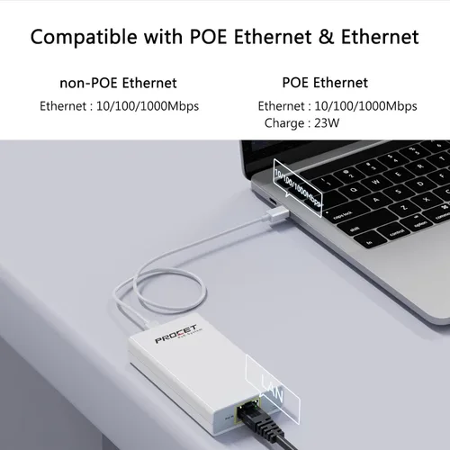 Vista 3 de Convertidor Gigabit PoE a USB C, adaptador USB-C a Ethernet con carga de 23