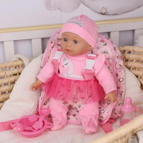 Vista 3 de Muñeca de bebé suave de 13 pulgadas con mochila de muñeca rosa para llevar, juego de 6 piezas con botella y accesorios (rosa)