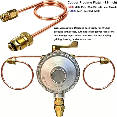Vista 7 de Regulador de Cambio Automático Coleta de Cobre POL x 1/4" Conexión Macho Invertida 15" de Largo POL CGA-510 x 1/4" llamarada masculina invertida