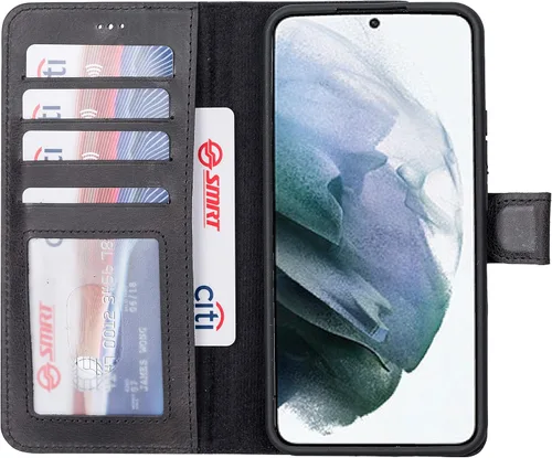 Vista 31 de HARDISTON Funda tipo cartera compatible con Samsung Galaxy S21, hecha a mano, de piel auténtica, cubierta magnética desmontable tipo flip con Negro