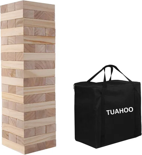 Vista 2 de Juegos de torre gigante de volteo de bloques de madera para apilar + juego de lanzamiento de bolsas de frijoles para adultos, niños, diversión