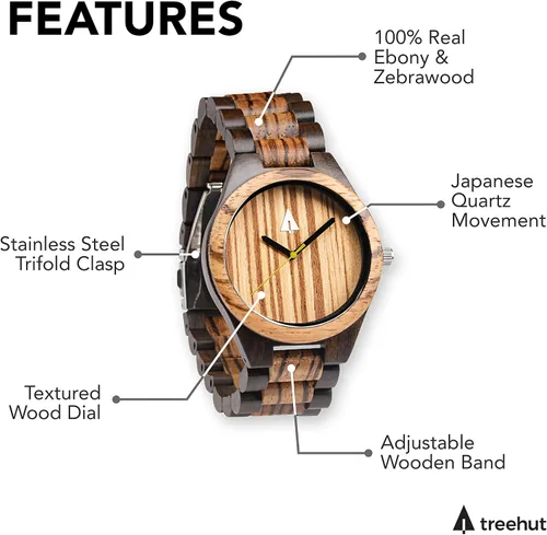 Vista 4 de Reloj Treehut de madera de cebrano y ébano, movimiento analógico de cuarzo