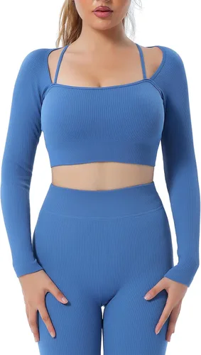 Vista 2 de FreXimo Womens Crop Tank Tops Basic Seamless Ribbed Square Neck Long Sleeve Workout Yoga Gym Slim Shirts,Light BlueMedium
