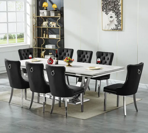 Vista 48 de Mesa de comedor blanca de 68 pulgadas para 4-6, mesa de cocina rectangular moderna con mesa de mármol sintético y base de acero inoxidable plateado