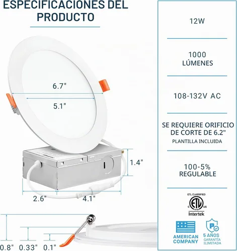 Vista 2 de PARMIDA (Paquete de 12) Luz de techo empotrable LED de 6 pulgadas ultradelgada con caja de conexiones, 12 W, luz de panel delgada de oblea sin 3000K