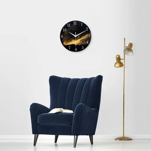 Vista 2 de Reloj de pared moderno negro y dorado con pilas, reloj de pared silencioso de 12 pulgadas, reloj de pared de vidrio sin tictac para sala de estar