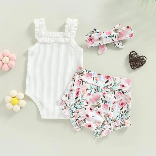 Vista 53 de TheFound Trajes de verano para niñas pequeñas, sin mangas, de punto acanalado, halter, pantalones cortos, ropa para recién nacidos, conjunto de 3
