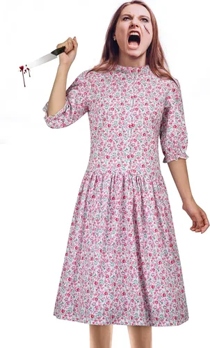 Vista 4 de Disfraz de Barbara para mujer, vestido floral rosa, traje de fiesta de disfraces de Halloween